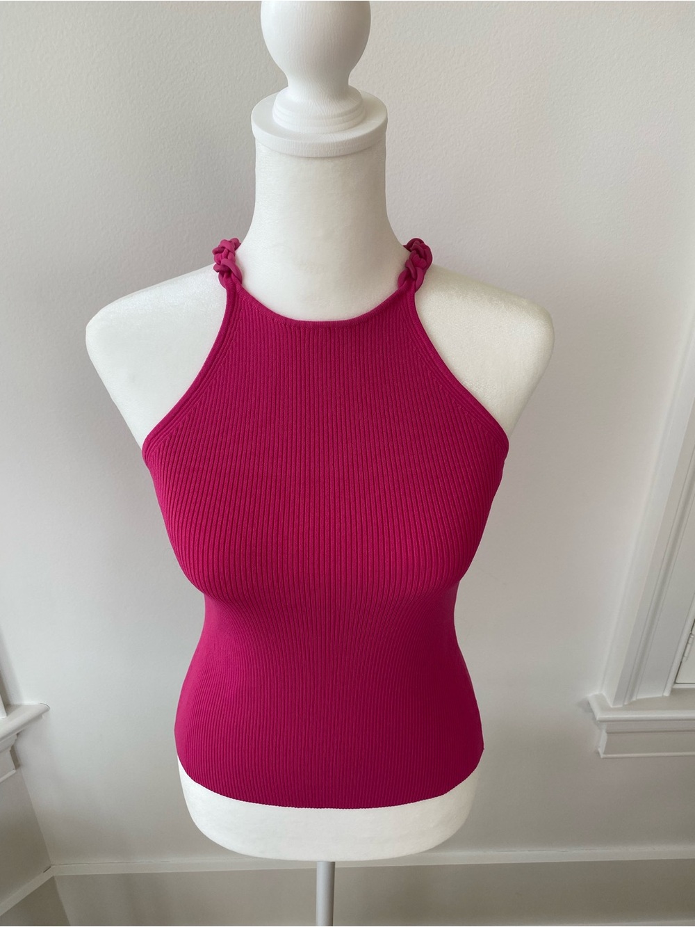 Maje Ribbed Halter Tank with Knot Straps - Fuchsia